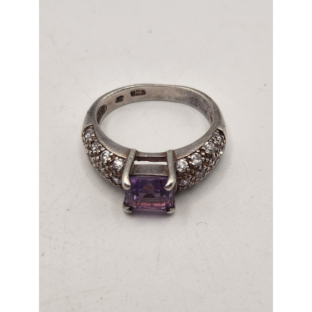 JC‎ 925 Sterling Silver Princess Cut Amethyst Pave Cubic Zirconia Ring Size 6.5